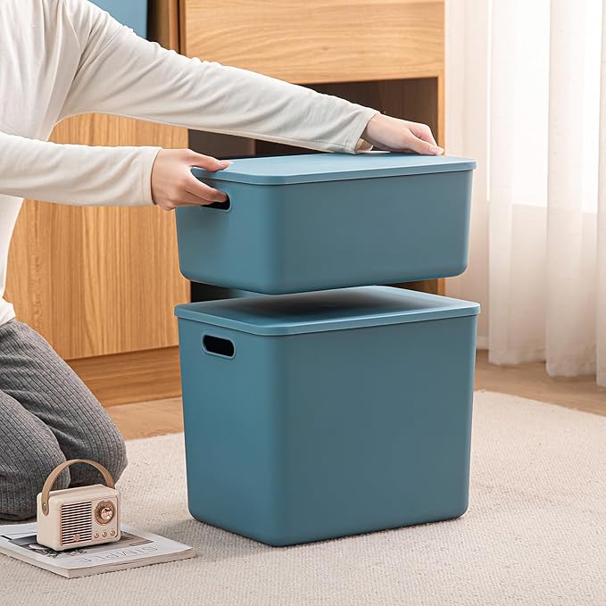 GUMEIGODA Plastic Storage Bins with lids,Storage Baskets,Container with handle,Storage Organizer Bins for Shelves,Office,Bedrooms,Closets, Cabinets(Blue, 3M)