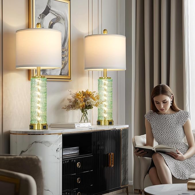 luxeflow 28" Green Glass Table Lamps Set of 2, Green Modern Bedside Lamp with LED Night Light, USB A+C, Glass Lamps for Living Room, Bedroom, Nightstand, Office, End Table (2 Bulbs Included)