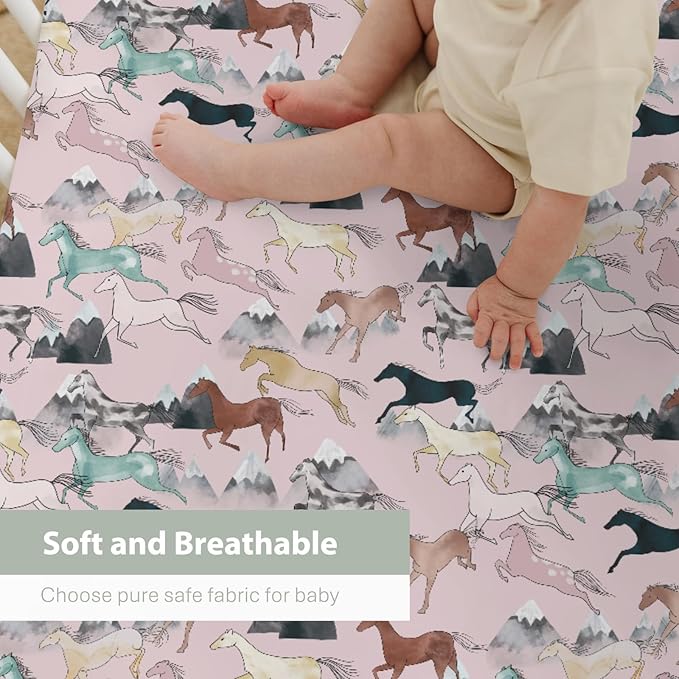 Boho Horses Mountains Baby Crib Sheets for Boy Girl 28"x52" Wild Horses Blossom Soft Snug Fitted Crib Mattress Covers Horse Lovers Nursery Baby Sheet for Standard Crib & Toddler Bed Mattress Pink