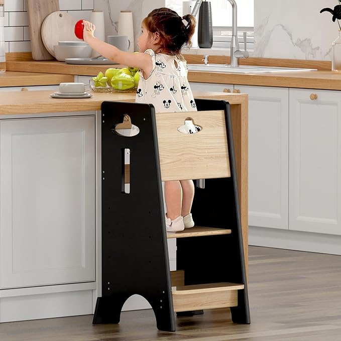 COSYLAND Toddler Standing Tower Adjustable Height - Super Stable Toddler Kitchen Stool Helper with Protive Panel - 3 Levels Adjustable Wooden Kitchen Stool for Kids (Natural & Black)
