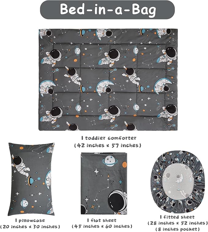 JSD Grey Astronaut Toddler Bedding Set, 4 Piece Space Theme Bed-in-a-Bag Comforter Sheet Set, Machine Washable