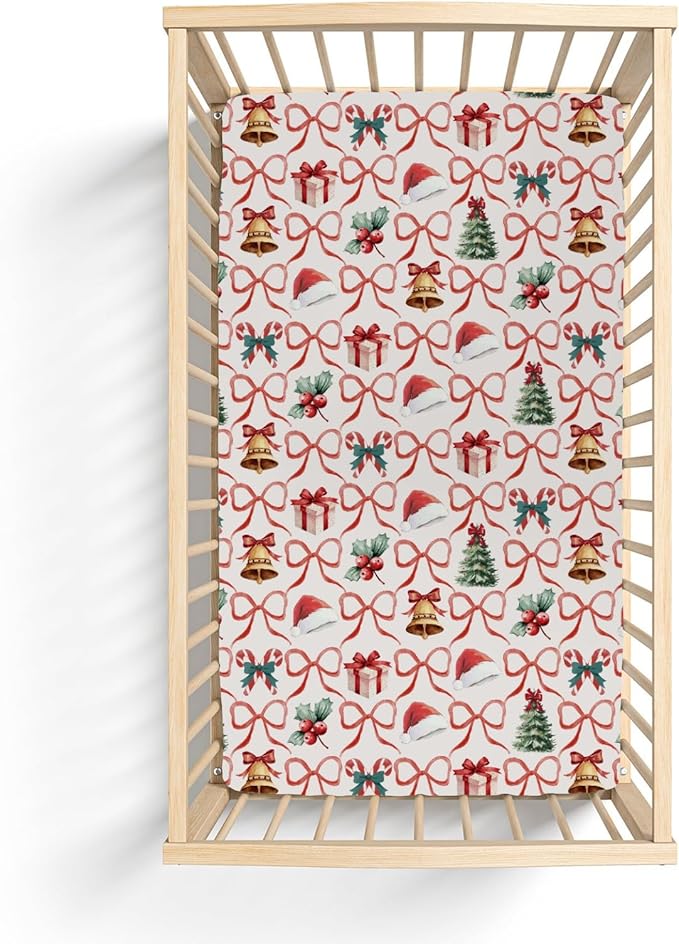 Red and Green Christmas Stripe Baby Crib Sheets for Boy Girl 52"x28" Santa Hat Fir Trees Gift Bows Soft Snug Fitted Crib Mattress Cover Winter Holiday Baby Sheet for Standard Crib & Toddler Mattress