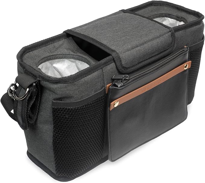 WONDERFOLD Universal Parent Console Stroller Organizer with Insulated Cup Holders, Hook & Loop Closure Handle Attachment, 2 Storage Pockets, Removable Shoulder Strap for Easy Transport