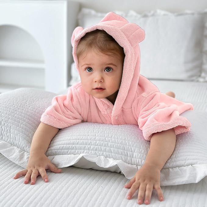 VOOVA & MOVAS Baby Hooded Towel with Bear Ear,0-3Years | 100% Cotton, Ultra-Soft & Absorbent | Gentle for Sensitive Skin, Bath, Pool & Beach Robe | Newborn (Pink)