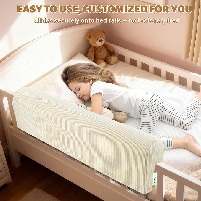 Bed Rail Bed Bumpers for Toddlers - Safety Guards for Cribs & Bunk Beds, High-Density Foam 35.5"x5.5"x7.8" (Beige)