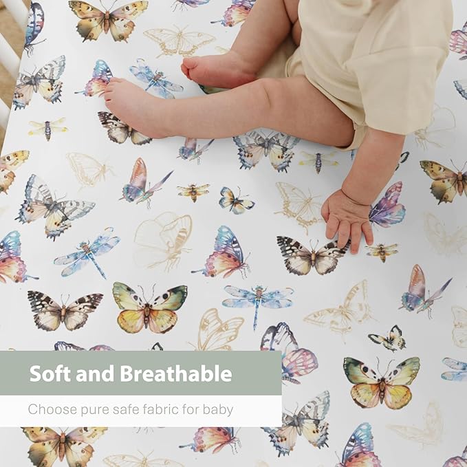 Boho Butterflies Dragonflies Baby Crib Sheets for Boy Girl 52x28Inch Vintage Butterflies Soft Stretchy Fitted Crib Mattress Cover Garden Baby Sheet for Standard Crib and Toddler Bed Mattress