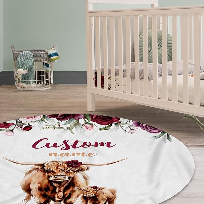Personalized Baby Crib Bedding Set: 4 Piece Custom Rose Highland Cow Crib Bed Set with Name, Nursery Bedding Set for Baby Girls, Newborn Boys Crib Sets, Crib Bedding Custom Gift, Crib Sheet