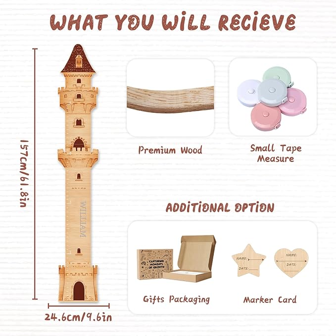 Woodemon Personalized Name Growth Chart, Castle Height Chart, Customized Name Measuring Board for Kids Height, Kids Growth Measurement Decorative Wall Sticker, Nursery Growth Chart Ruler