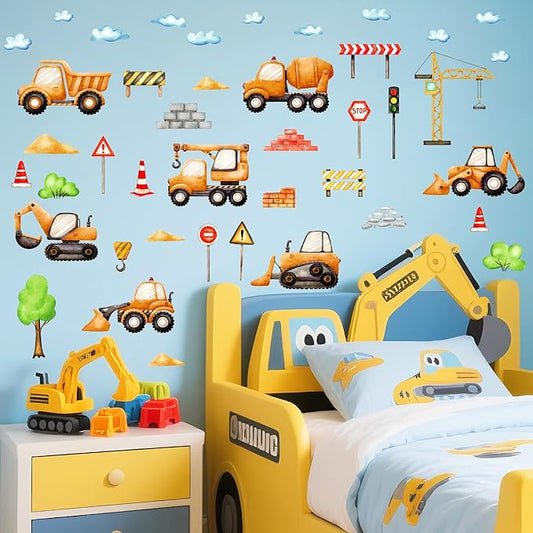Car Truck Wall Decals Construction Vehicle Wall Stickers Cartoon Watercolor Car Tractor Stickers Peel and Stick Transportation Wall Decals for Kids Room Boys Bedroom Playroom Nursery Decor