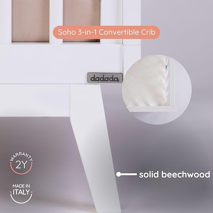 dadada Baby Soho 3-in-1 Convertible Wooden Crib to Toddler Bed - Made in Italy, GREENGUARD Gold Certified, Baby-Safe Finish, Handcrafted Beechwood, Modern Design, 3 Adjustable Heights (White)