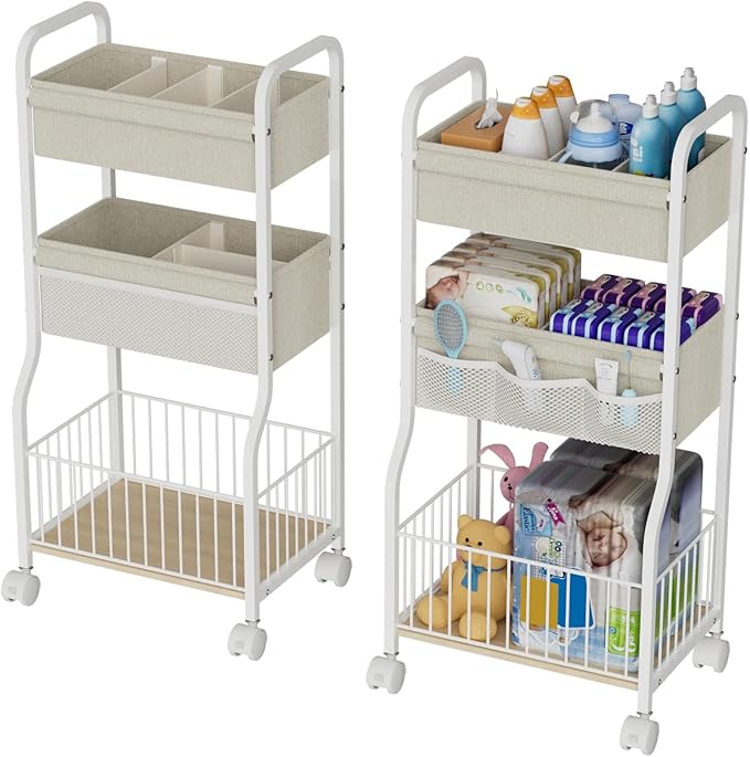 NEYCIL 3-tier Baby Diaper Caddy Organizer and Storage Cart with 4+3 Dividers, Metal Utility Cart with Lockable Wheels for Nursery, Bedroom, Bathroom, White