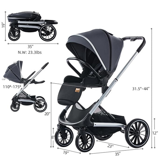Wagon Pram, Convertible Stroller with Reversible Seat, Foldable Newborn Stroller with Lying Mode, Oversized Wheels Luxury Baby Carriage Suit Toddler Infant,Gray (Green)