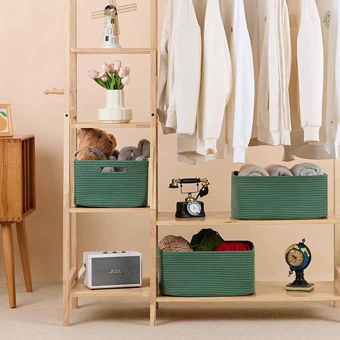MiniArk Large Storage Baskets for Organizing, Closet Shelf Baskets for Clothes Blanket Towels, Baby Nursery, Toy Bins Box, Woven Rope Baskets, 17 x 13 x 7.5”, 4 Packs Green