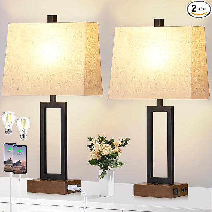 Lolikit Table Lamp for Bedroom Set of 2 with 2 USB Ports and AC Power Outlet, 23.5" Modern Bedside Lamp, Wood Nightstand Lamp with Linen Shade for Living Room Hotel Desk(LED Bulb Included)