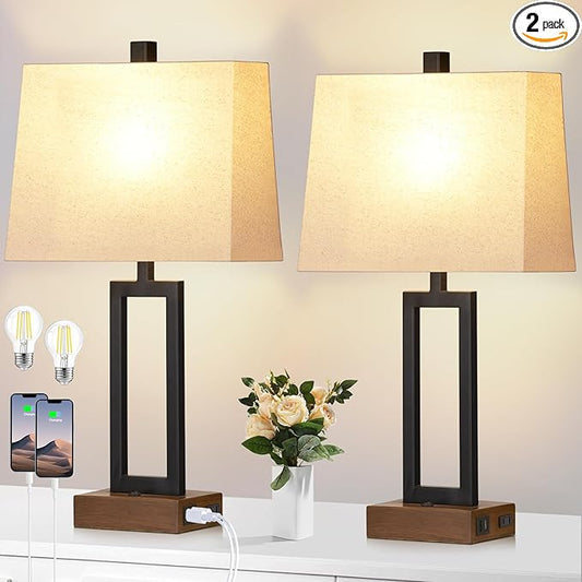 Lolikit Table Lamp for Bedroom Set of 2 with 2 USB Ports and AC Power Outlet, 23.5" Modern Bedside Lamp, Wood Nightstand Lamp with Linen Shade for Living Room Hotel Desk(LED Bulb Included)
