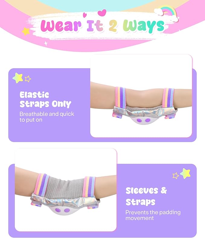 Knee Pads for Kids - ZOOBLISS Toddler Knee and Elbow Pads Set Wrist Guards for Skating Girls Aged 3-12, Kids Protective Gear for Roller Skates Skateboard Bike Scooter, Included Drawstring Bag(Rainbow)