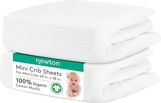 Newton Baby Fitted Mini Crib Sheets (2-Pack) | Organic Muslin Cotton, Breathable & Soft Baby Sheets, Washable Baby Mattress Sheets, Fits Mini Crib Mattresses 24" x 38", Plain White