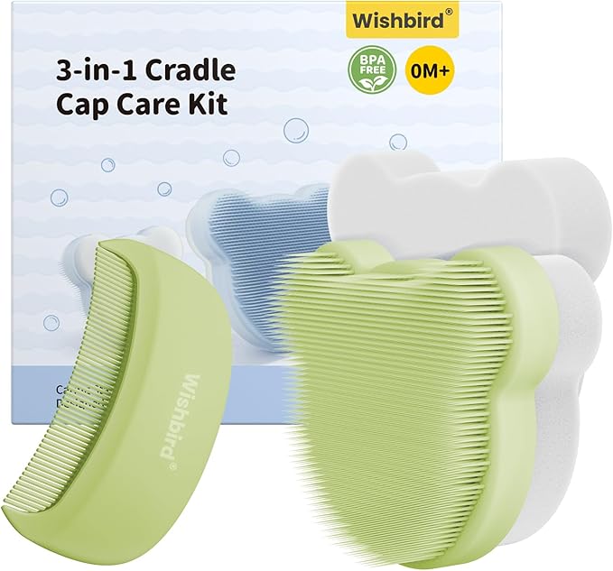 Cloud Baby Cradle Cap Brush & Baby Comb Set, 3-in-1 Cradle Cap Treatment with Soft Brush, Hair Comb & Bath Sponge, BPA-Free, Easy to Use | Infant Bath Essentials - Extra Sponge, Serene Green