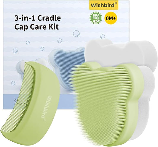 Cloud Baby Cradle Cap Brush & Baby Comb Set, 3-in-1 Cradle Cap Treatment with Soft Brush, Hair Comb & Bath Sponge, BPA-Free, Easy to Use | Infant Bath Essentials - Extra Sponge, Serene Green