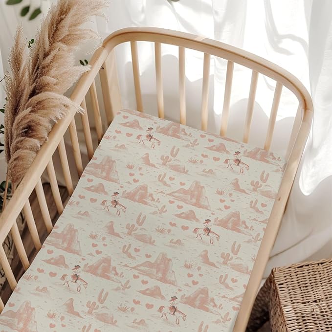 Vintage Pink Cowgirl Cactus Baby Crib Sheets for Boy Girl 52"x28" Western Cowgirl Love Soft Stretchy Fitted Crib Mattress Cover Wild Desert Baby Sheet for Standard Crib & Toddler Mattress Pad