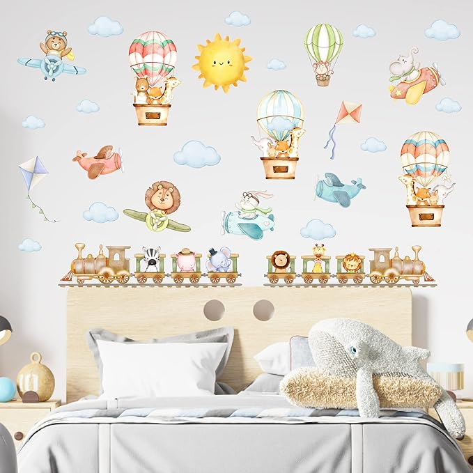Train Animal Wall Stickers Cartoon Animal Wall Stickers Airplane Hot Air Balloon Decals Watercolor Sun Cloud Decals Cute Balloon Animals Sticker for Nursery Kids Room Playroom Decor