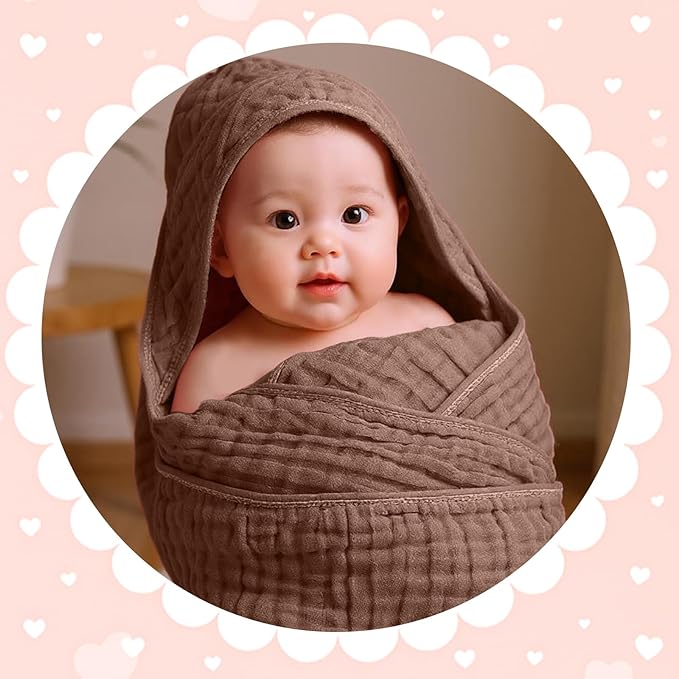 Peryiter 6 Pcs Muslin Hooded Baby Towels, 32x 32'' Cotton Newborn Bath Towel Muslin Infant Baby Blankets Absorbent Unisex Christmas Registry Gift Essentials for Girls Boys (Green and Pink Series)