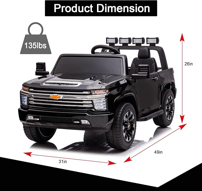 FINITO 24V 4WD Kids Car Licensed Chevrolet Silverado，2 Seater Electric car ，with Parental Remote Control, Music, Bluetooth, for Outdoor Grass, Gift for Kids(Black)