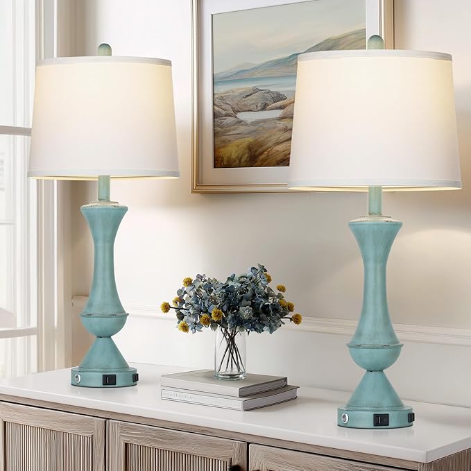 luxeflow 29" Coastal Tall Blue Table Lamps Set of 2 for Living Room, Touch Control Bedroom Lamps for Nightstand, 3-Way Dimmable Bedside Lamp with USB A+C Ports & AC Outlets (2 LED Bulbs Included)