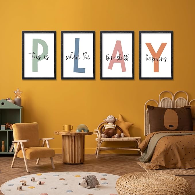 LuZhiQiang Playroom Wall Art Decor This Is Where The Fun Stuff Happens Sign Colorful Letters Decor 4 Piece 16"×11" for Toddler Modren Nursery Children Prints Small Wood Framed Wall Hanging (Black)