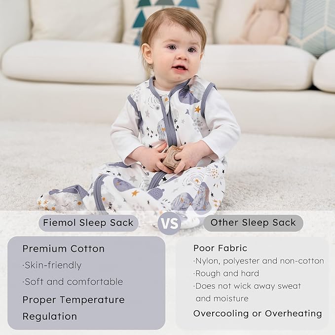 Baby Sleep Sack 6-12 months, 100% Cotton Sleeping Sack for Newborn and Infant, 3 Pack Baby Wearable Blanket for Boy and Girl, 0.5 Tog Lightweight Double Zipper Sleep Bag Grey Moon Bear