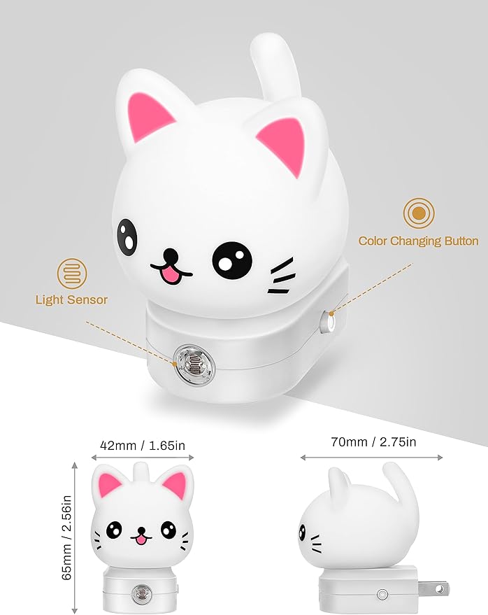 Cat Night Lights Plug Into Wall [2 Pack], Cute Night Light for Kids, 8-Color RGB LED Night Light, Nightlight with Dusk to Dawn Sensor for Kids Room, Bathroom, Bedroom Décor, Children Christmas Gift