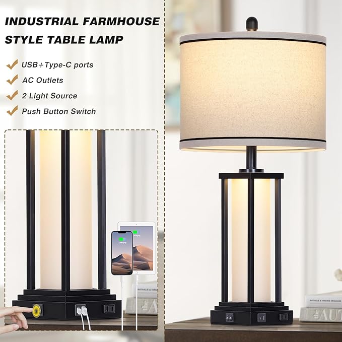Cinkeda 27" Tall Vintage Table Lamp with USB C+A & Outlet,Black Industrial End Table Lamp for Living Room,Farmhouse Rustic Bedside Lamp with Frosted Glass Night Light for Bedroom Nightstand,Black-1P
