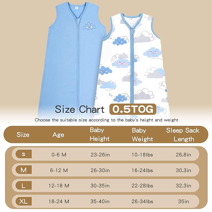 TILLYOU 2 Pack Baby Sleep Sack 6-12 Months 100% Cotton Wearable Blanket 0.5 TOG Sleeveless Summer Sleep Sacks with 2-Way Zipper, Small Cloud & Blue