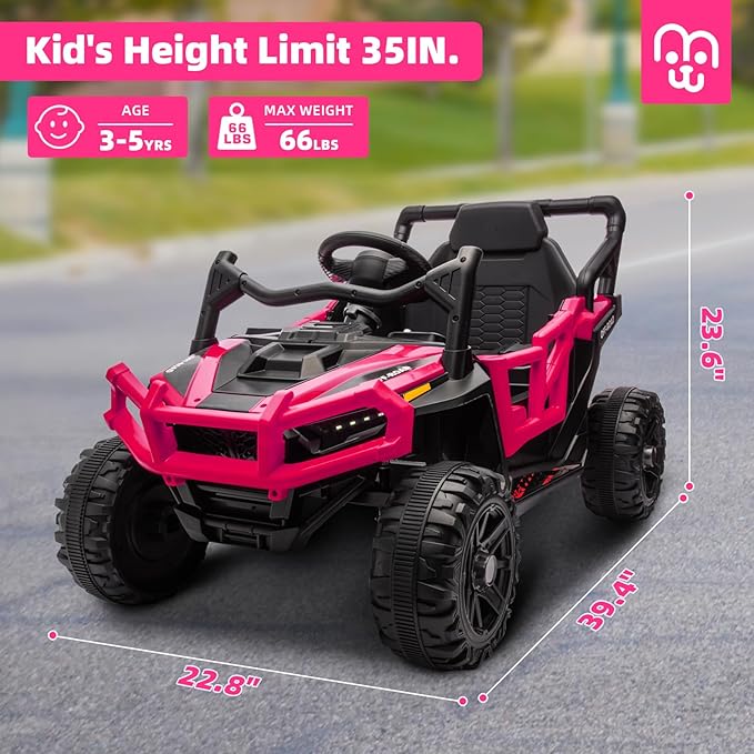 12V Kids Ride on Truck Car with Remote Control, Electric Off-Road UTV for Toddlers, Bluetooth Music, Suspension System Safety Belt, Electric Vehicles Gift for Boys & Girls-Rosy