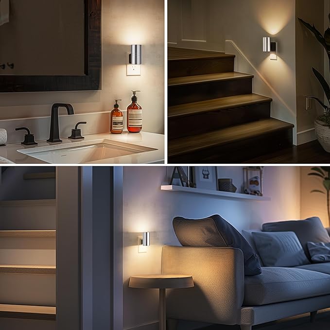 L LOHAS LED Night Light, Night Lights Plug into Wall, Smooth Silver Glossy Plating Metal-Shade Nightlights, Light Sensor, Soft White 3000K, Dimmable Nightlight Plug in for Hallway Bedroom,2 Pack