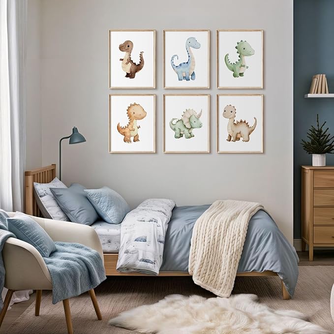 Dinosaur Nursery Wall Art Kids Canvas Poster baby Boy Nursery Wall Decor Watercolor Dino Prints Toddler Pictures cute Dinosaur Themed Artwork painting for Boys Room Bedroom 12x16x6 Inch Unframed