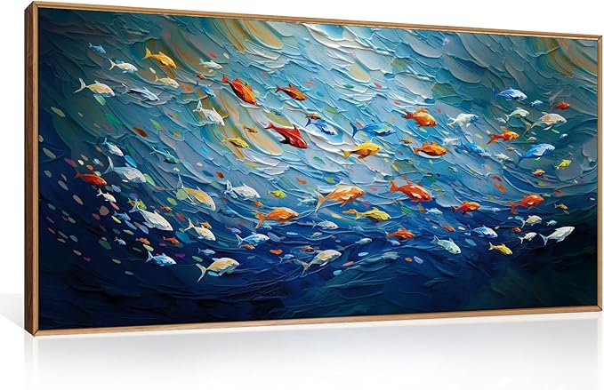 CHDITB Ocean Fish Sea Framed Canvas Wall Art, 20"X40" Large Under The Sea Fishes Oil Painting, Modren Navy Blue Marine Fish Wall Decor, Colorful Fishes Artwork for Living Room Bedroom Office Modern Home Decor