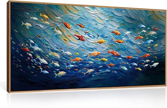 CHDITB Ocean Fish Sea Framed Canvas Wall Art, 20"X40" Large Under The Sea Fishes Oil Painting, Modren Navy Blue Marine Fish Wall Decor, Colorful Fishes Artwork for Living Room Bedroom Office Modern Home Decor