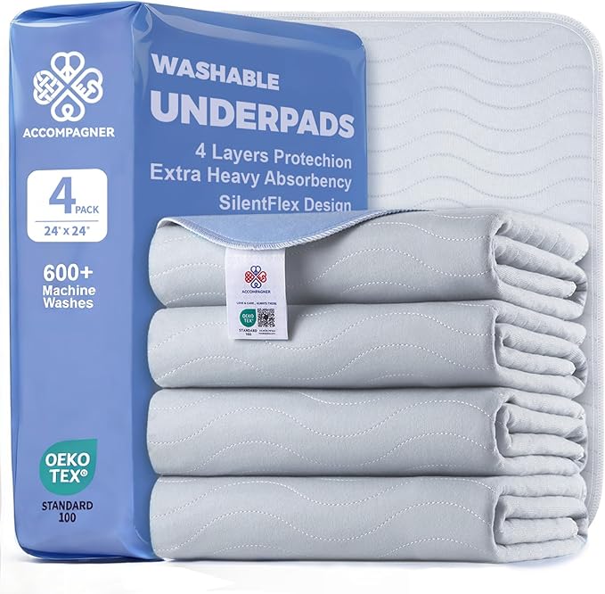 Accompagner Waterproof Reusable for Adults and Pets Washable Pee Pads for Dogs Changing Pad Large Dog Bed Size Adults Incontinence Bed Pads - Non-Slip Leak-Proof (Pearl Gray, 4Pack-24" x24")