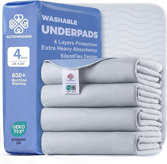 Accompagner Waterproof Reusable for Adults and Pets Washable Pee Pads for Dogs Changing Pad Large Dog Bed Size Adults Incontinence Bed Pads - Non-Slip Leak-Proof (Pearl Gray, 4Pack-24" x24")