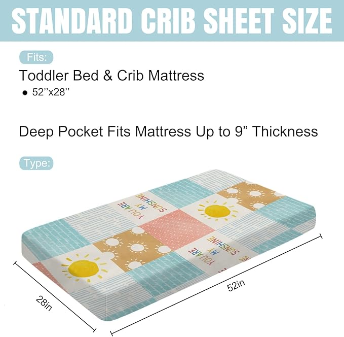 Colorful Boho Sun Baby Crib Sheet 52''x28'' Cute Sunshine Stripes Stretchy Fitted Mattress Sheets for Boy Girl Letters Quote Nursery Toddler Bed Sheets for Standard and Toddler Mattress