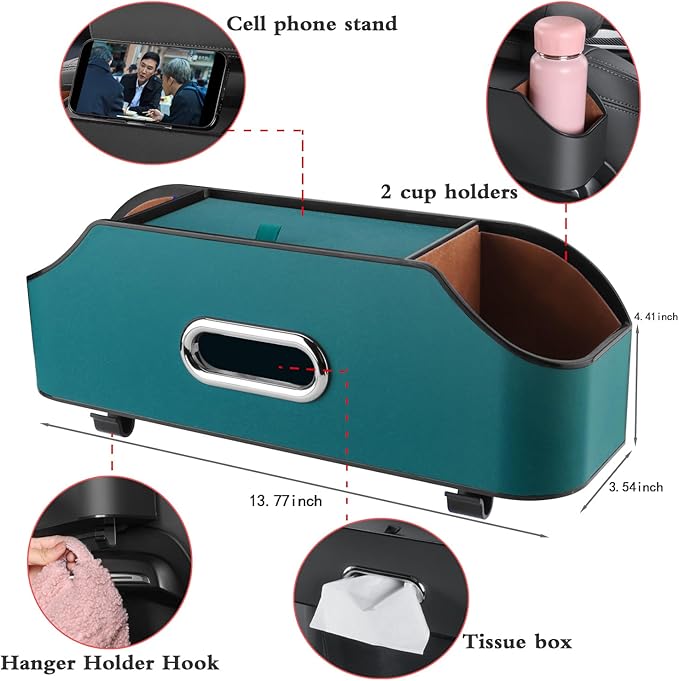 HALOYIVGO Car Seat Back Organizer - Stylish & Functional Storage for Family Adventures - Cup Holders, Tissue Box & Hooks - Perfect for Kids, Road Trips & Travel (Navy Blue)