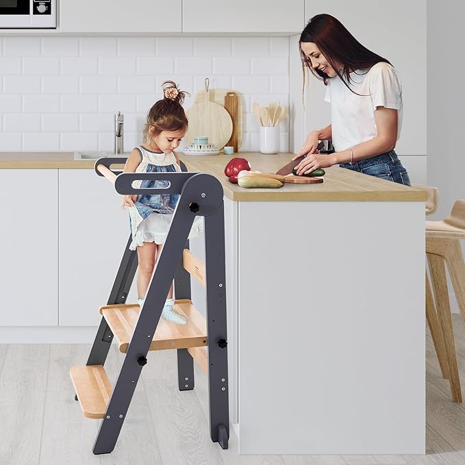 Gewitt Foldable Toddler Kitchen Stool Helper - Adjustable Height Folding Toddler Standing Tower, Kids Helper Stool with Safty Rail for Kitchen Counter Bathroom (Grey)