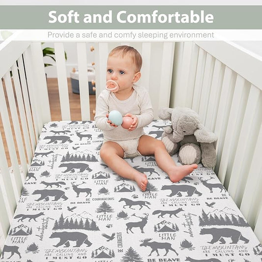 Gray Animals Baby Crib Sheets for Boy 52x28Inch Deer Bear Horse Trees Mountain Soft Stretchy Fitted Crib Mattress Cover Camping Adventure Baby Sheet for Standard Crib & Toddler Mattress