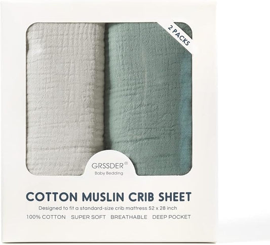 GRSSDER Soft Muslin Crib Sheet 2 Pack, 100% Cotton Crib Sheets for Boys and Girls, Fit Standard Crib Mattresses 52" x 28" Safe and Snug, Light Gray/Roman Green