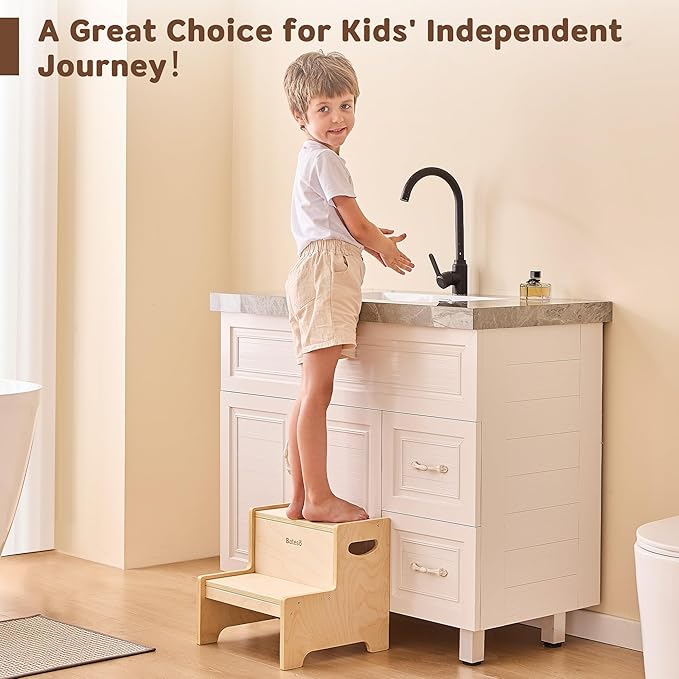 Bateso Step Stool for Kids, Wooden Toddler Step Stool with Non-Slip Mats for Bathroom Sink and Kitchen, Potty Training Stool with Handles for Toilet