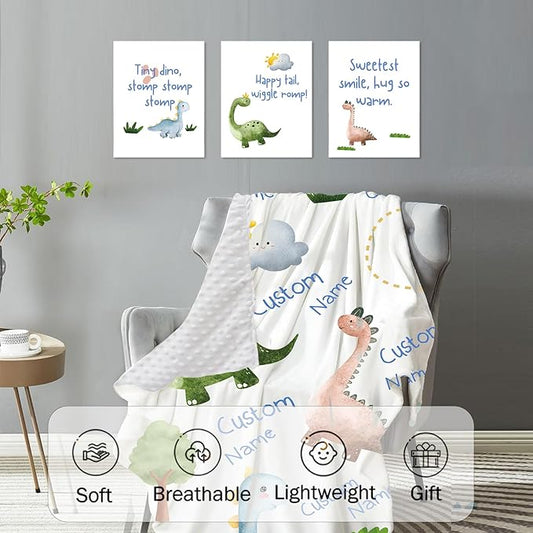 Custom Crib Bedding Set – Personalized Dinosaur Baby Bedding 5-Piece Set with Soft Blanket, Fitted Sheet, Changing Pad Cover, Rug and Wall Art – Fun Dino Nursery Gift for Boys Girls