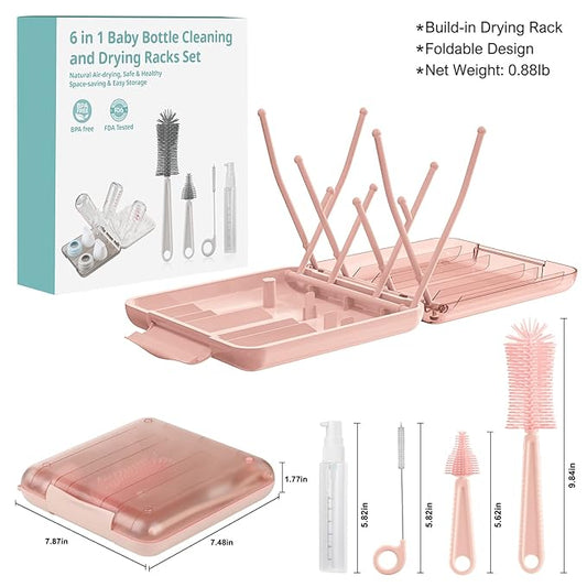 Baby Bottle Brush Set-6 in 1 Bottle Brush Cleaner with Silicone Bottle Brush,Drying Rack,Nipple Brush,Straw Brush,Soap Dispenser&Storage Box-Baby Essentials Gifts for Home&Travel(Pink)