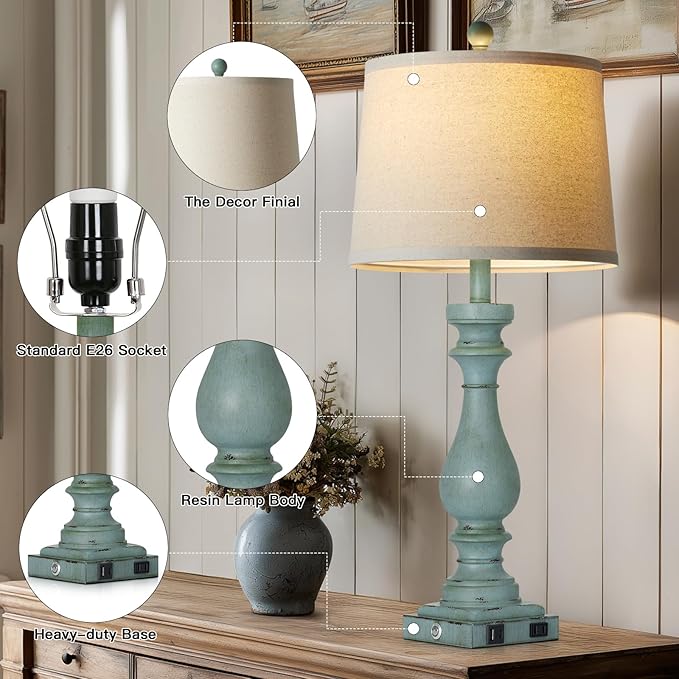 luxeflow 29" Tall Coastal Table Lamps Set of 2,Retro Blue Bedside Lamps with USB C+A Ports & AC Outlet,3-Way Dimmable Touch Lamp for Night Stands Living Room Bedroom,Blue