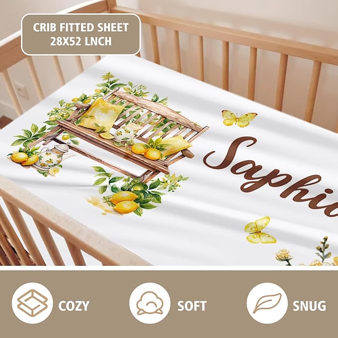 Personalized Baby Crib Bedding Set, Custom Name Lemon Tea Design Baby Bedding 2-Pcs Set-Soft Double Layer Dotted Blanket and Fitted Sheet, Nursery Bedding for Newborn Boys Girls, Perfect Shower Gift